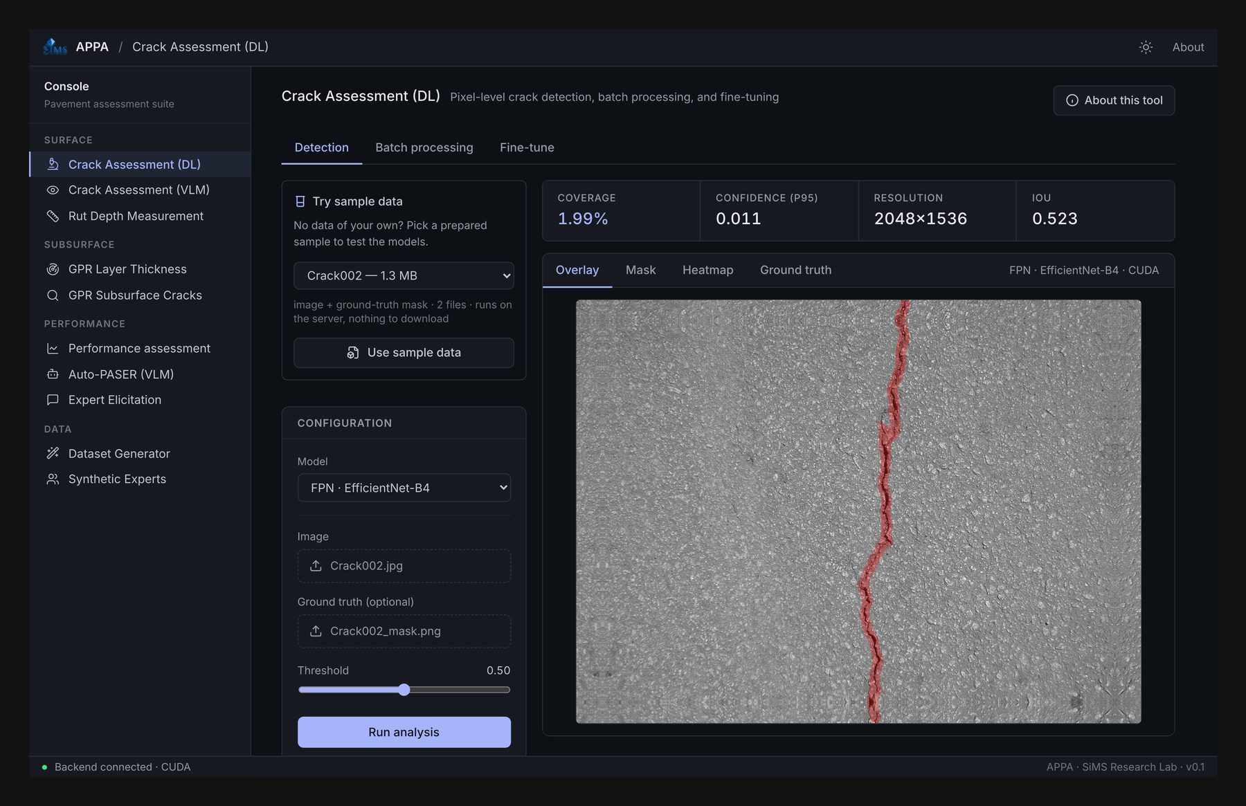 APPA console (dark theme) running Crack Assessment (DL) on the Crack002 sample: FPN EfficientNet-B4 on CUDA, coverage 1.99%, IoU 0.523 against the supplied ground-truth mask.